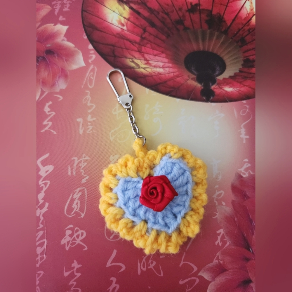 2/$20 Handmade Crochet Heart and Rose Keychain / Pocket Hug